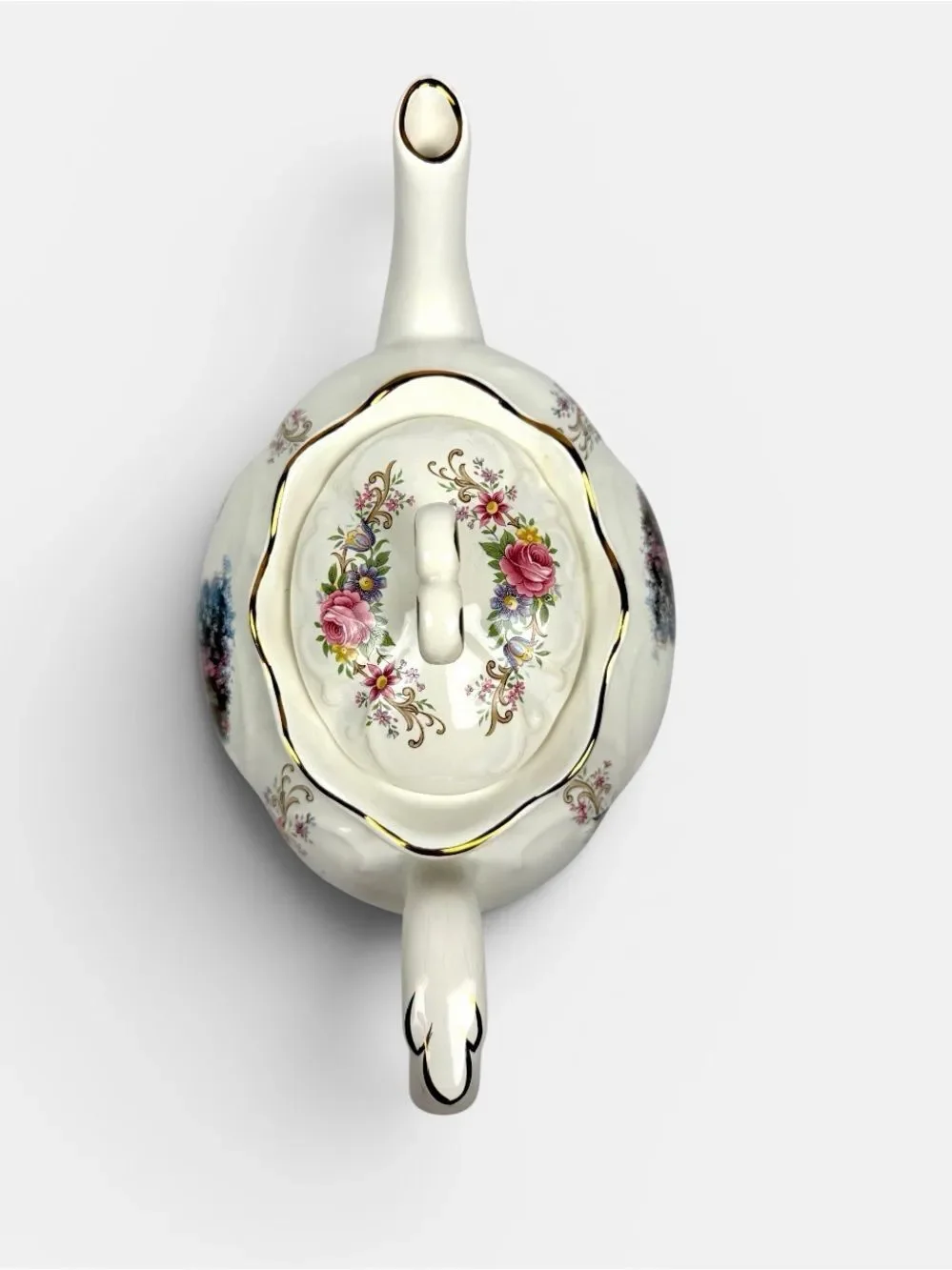 Caledonia Staffordshire England Teapot Floral Courting Scene Gold Trim 6 Cups